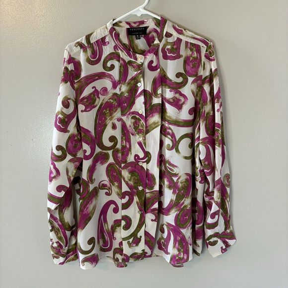 FoxCroft Fitted Long Sleeve Blouse Purple Green Paisley Button Up Top Si… - Picture 1 of 8